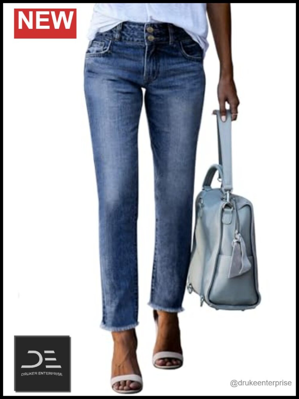 High Waisted Straight Leg Raw Hem Jeans with Pockets Tummy Control